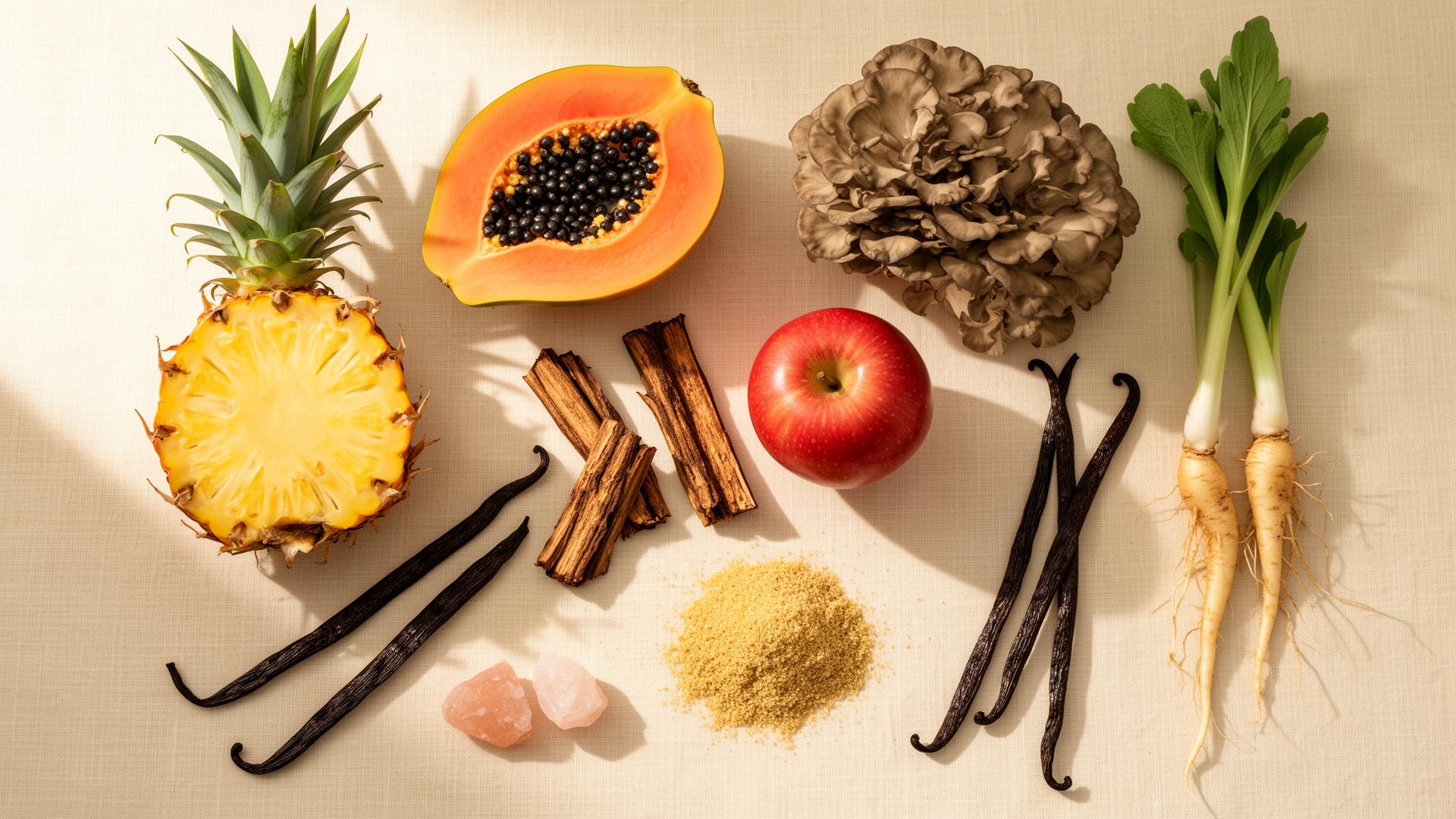 Whole-food ingredients in iViBlend — pineapple, papaya, maitake mushroom, licorice root, apple, chicory root, vanilla beans, Himalayan salt and inulin